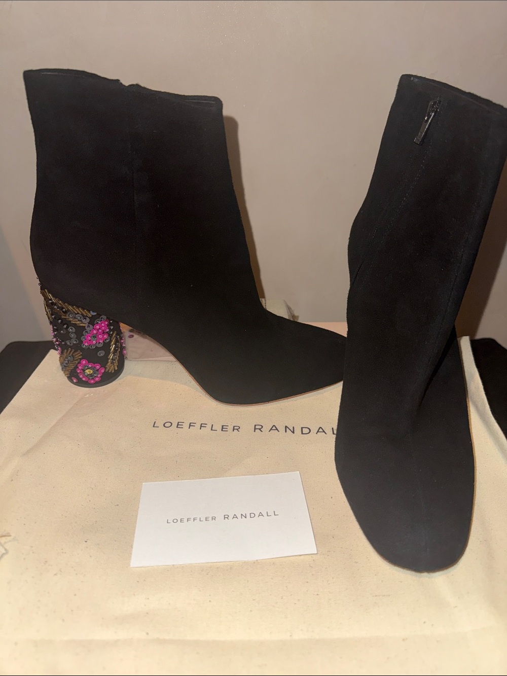 Loeffler Randall Black Suede Ankle Boots with Hand-Embroidered Floral Heel